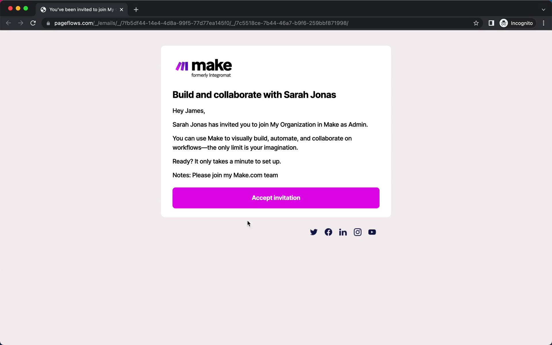 Accepting an invite on Make.com video screenshot