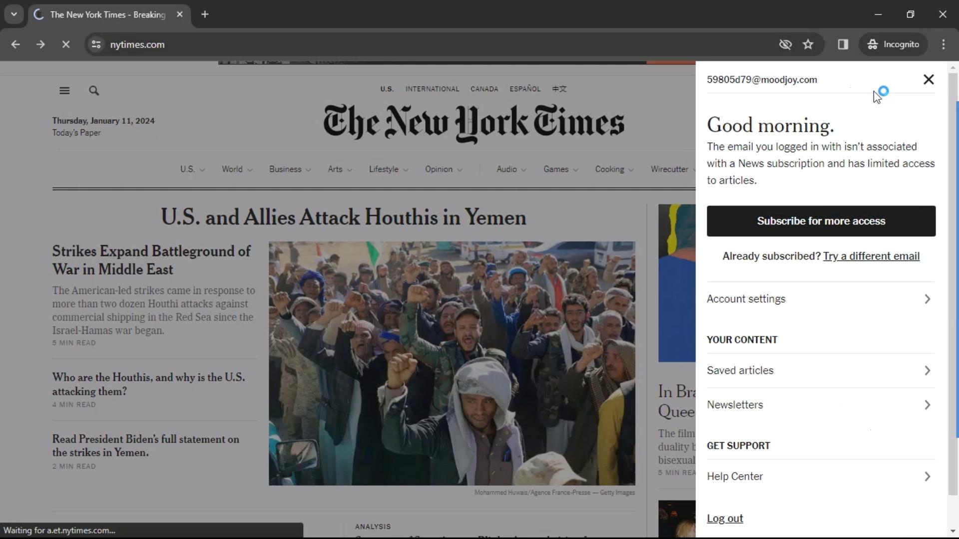 Changing password on The New York Times video screenshot