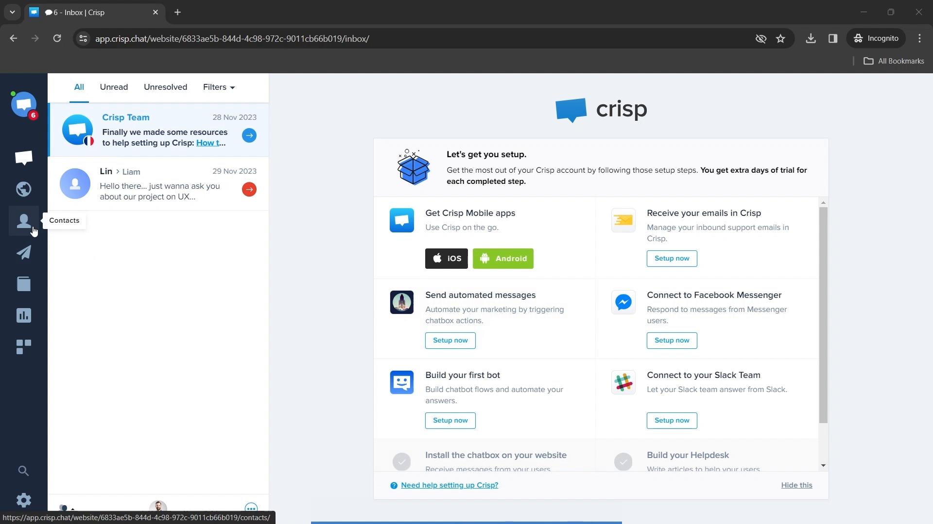 Exporting contacts on Crisp video screenshot