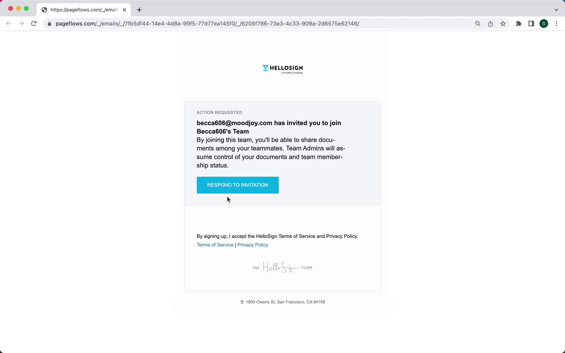 Screenshot of Accepting an invite on HelloSign