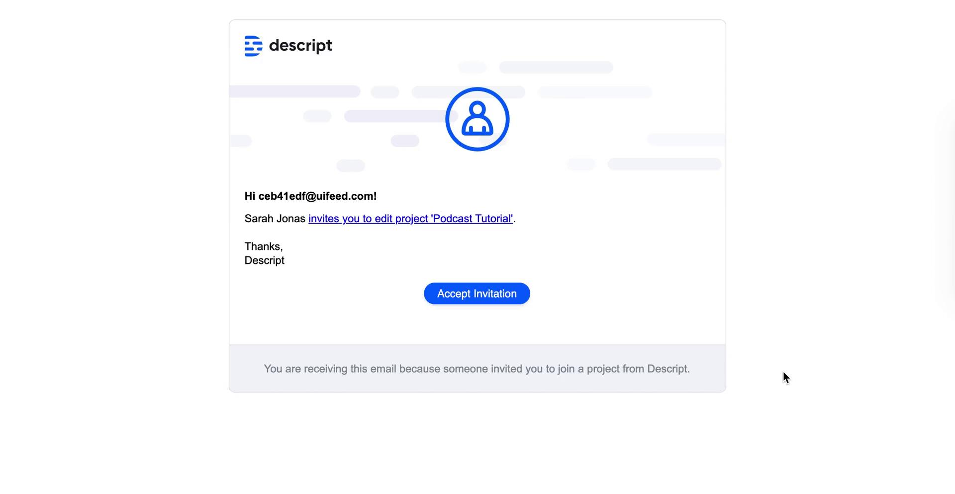 Screenshot of Accepting an invite on Descript