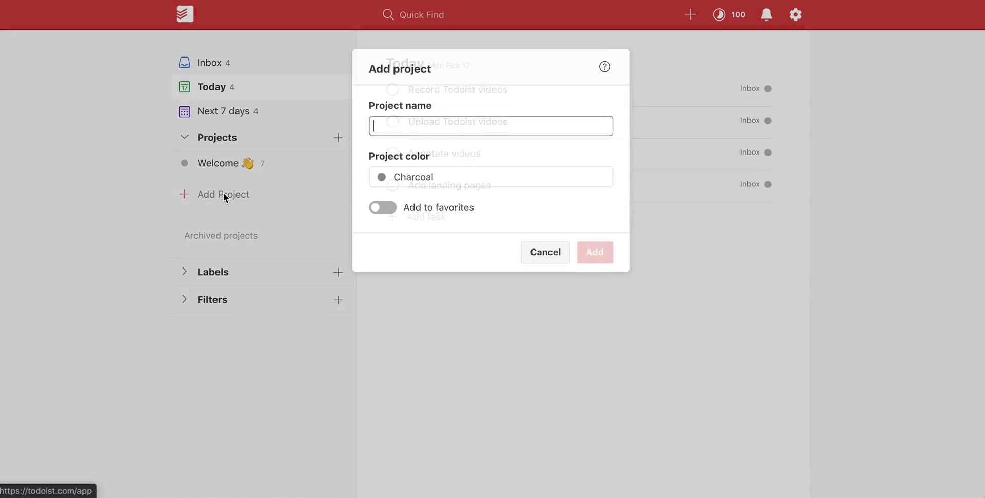 Screenshot of Creating a project on Todoist