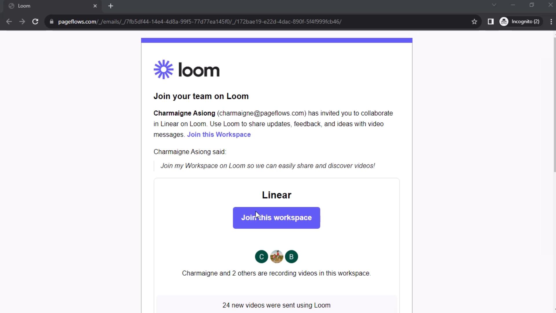 Screenshot of Accepting an invite on Loom