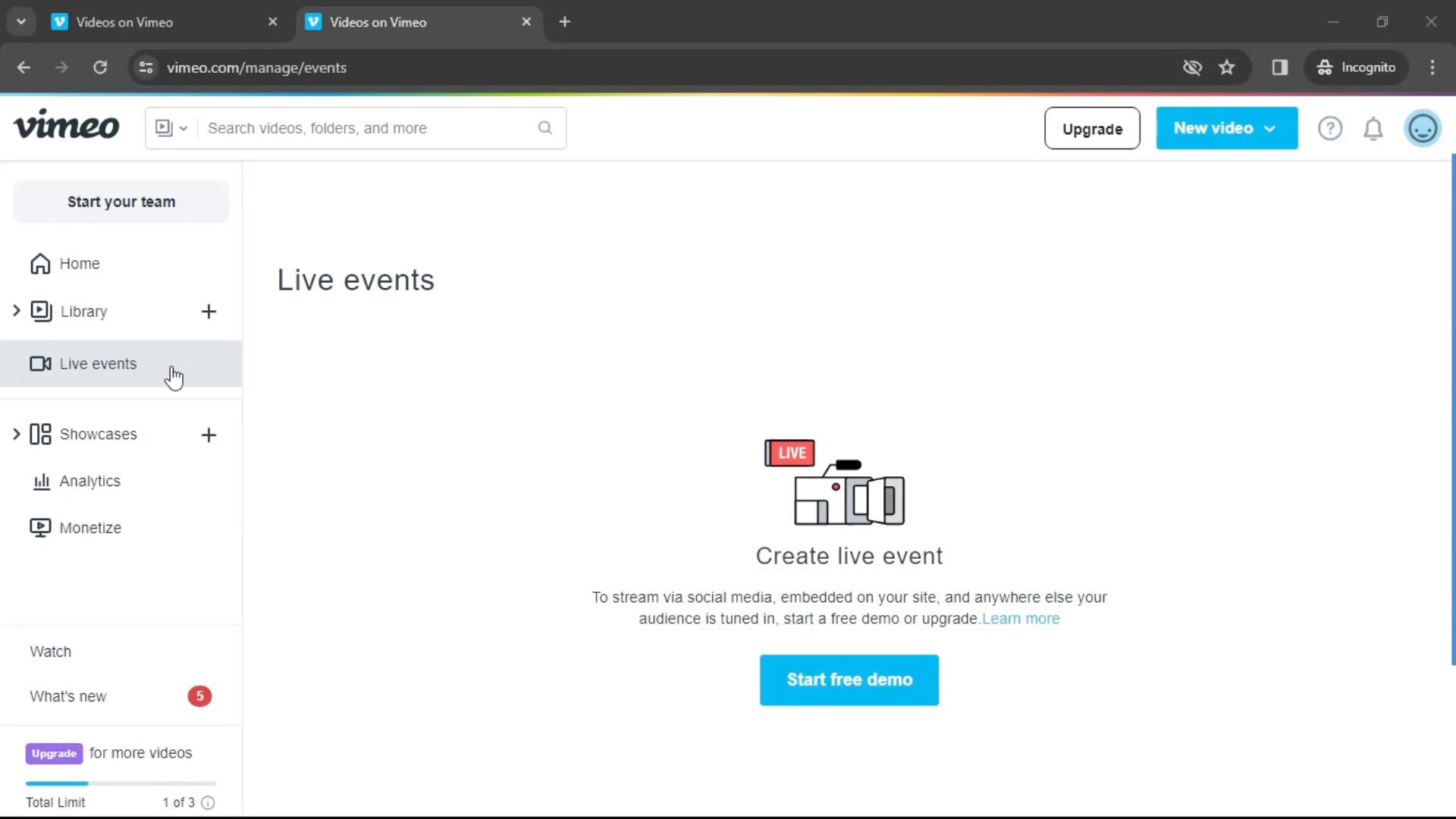 Screenshot of Creating a live event on Vimeo