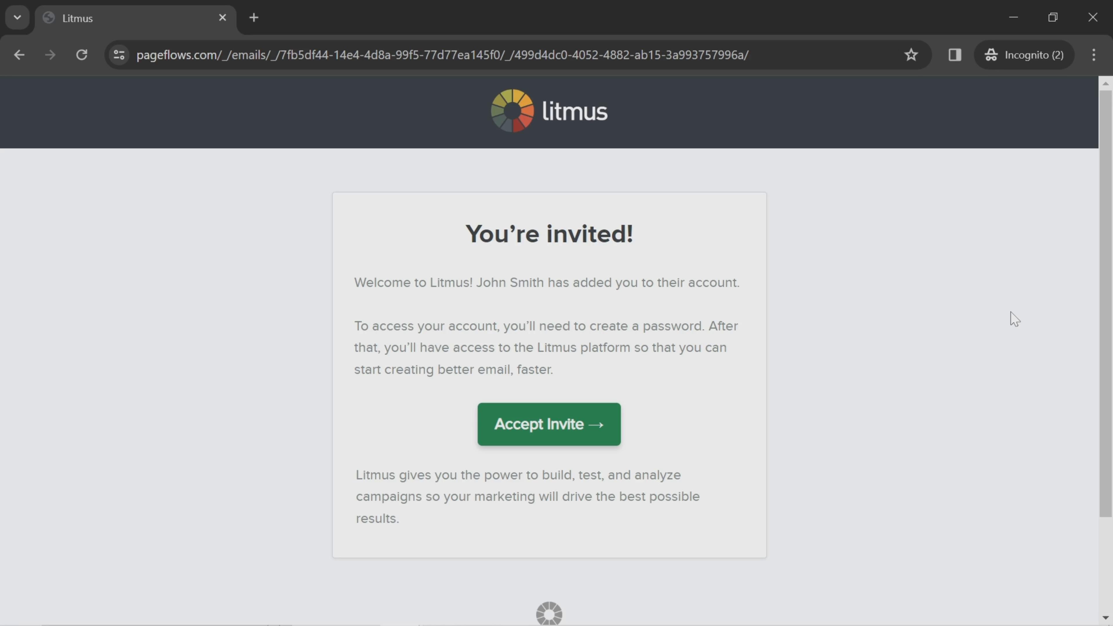 Screenshot of Accepting an invite on Litmus