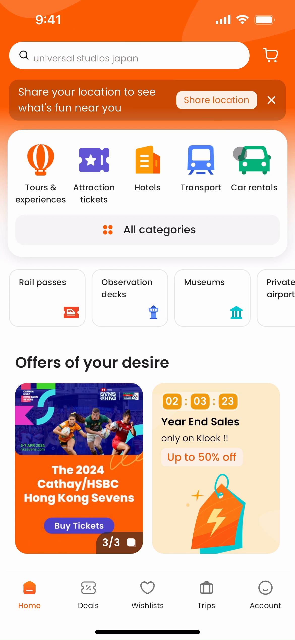 Screenshot of Searching car rentals on Klook