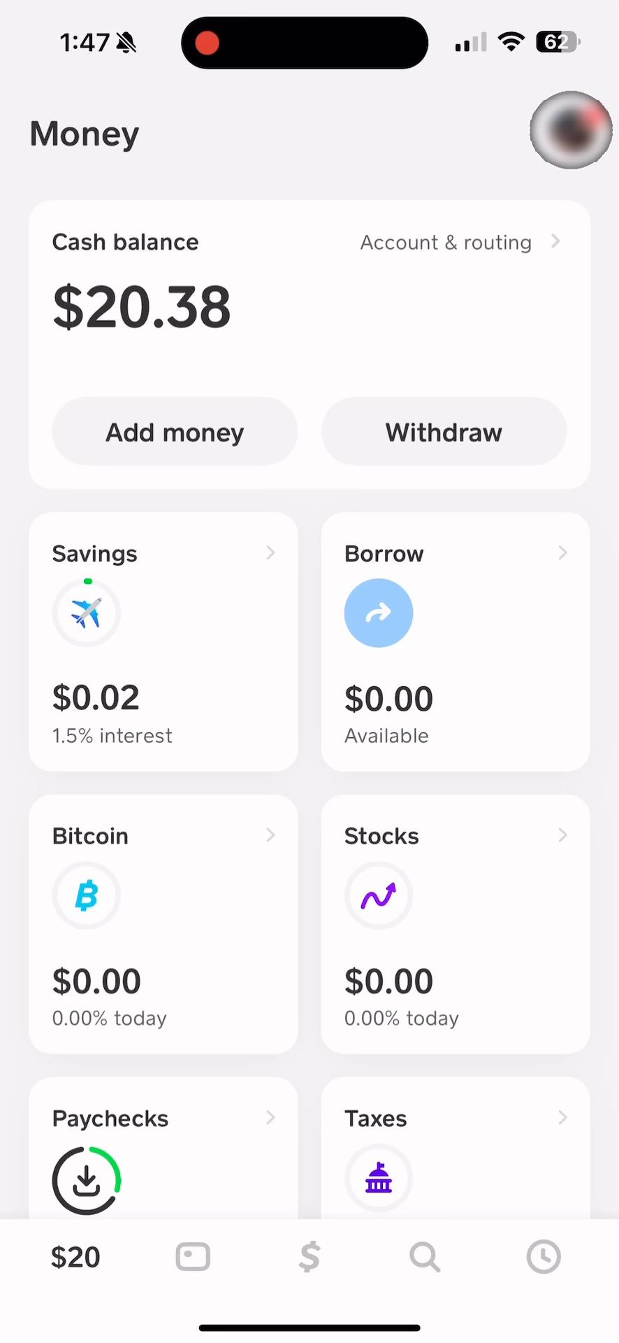 Account settings on Cash App video screenshot