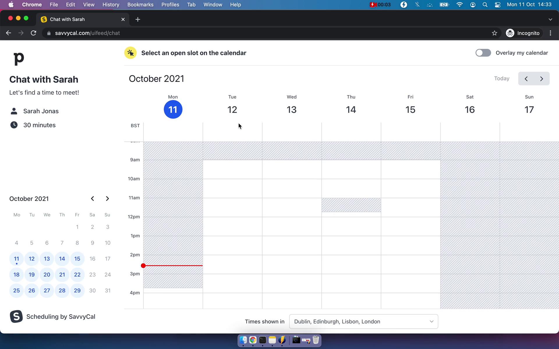 Screenshot of Scheduling a meeting on SavvyCal