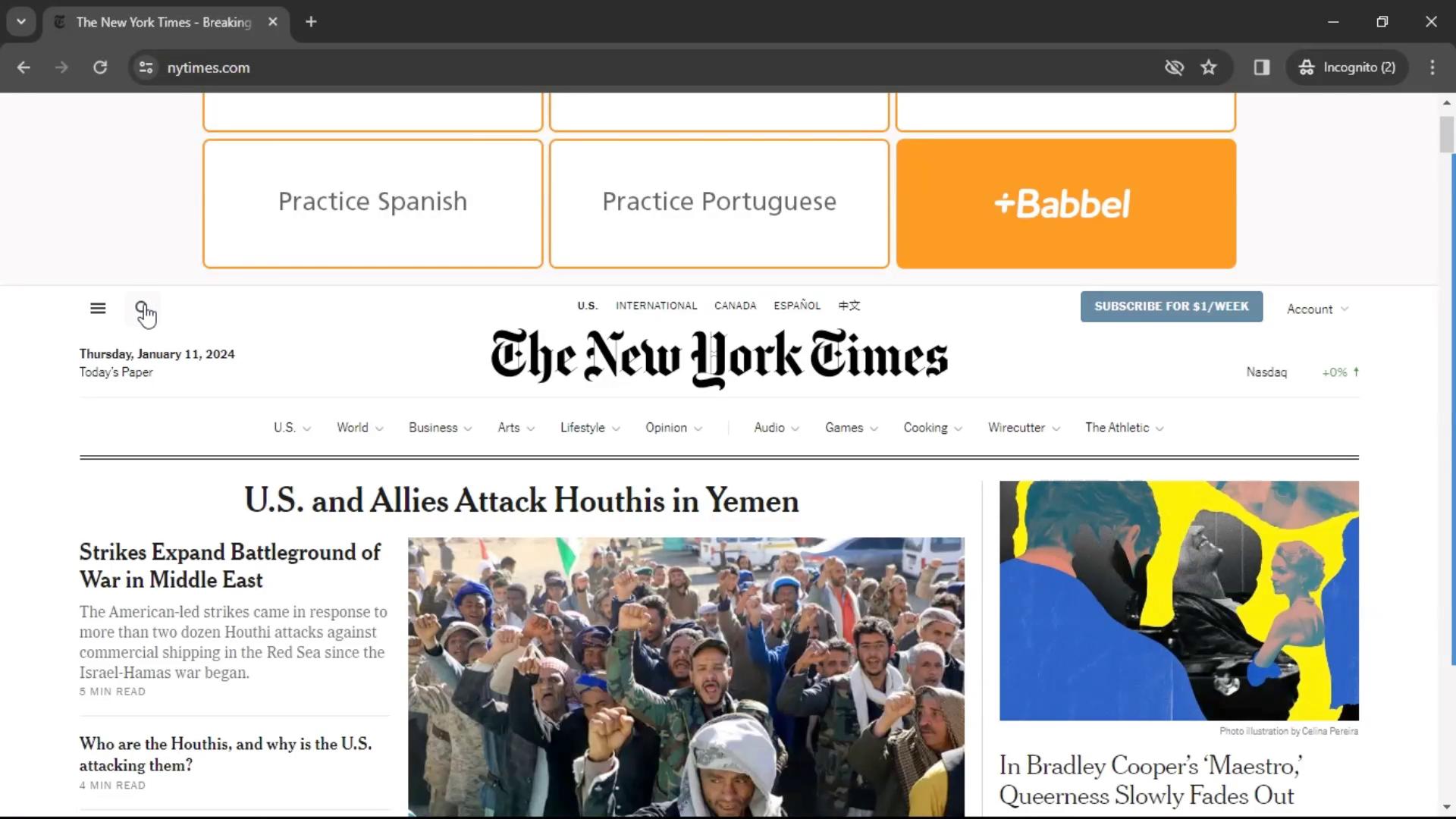 Screenshot of Filtering on The New York Times