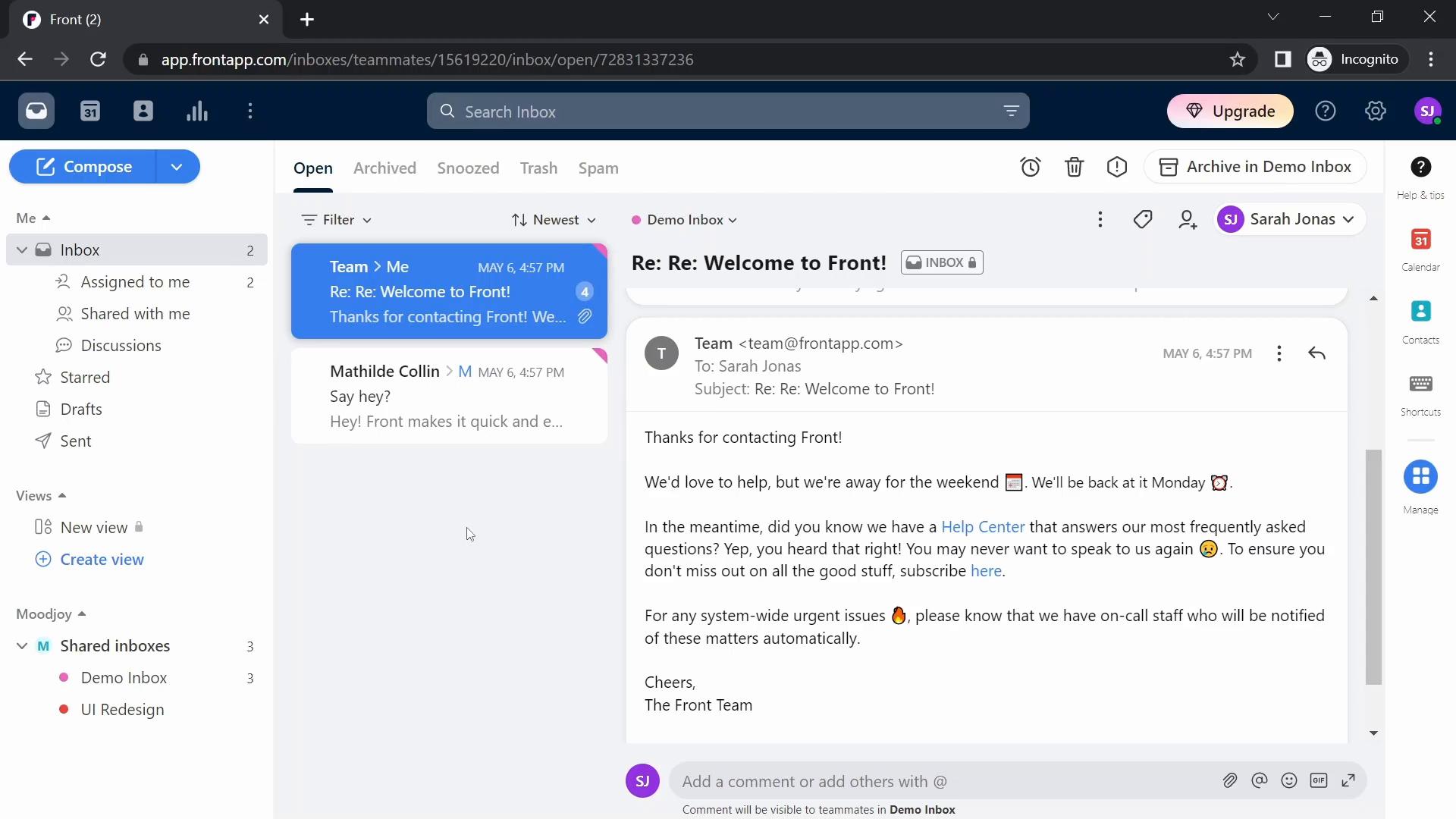 Screenshot of Inviting people on Front