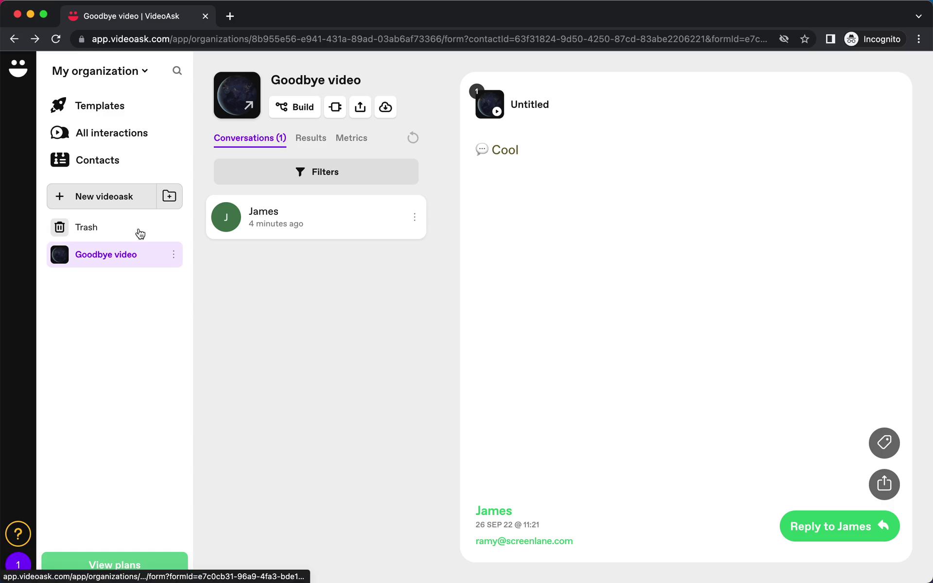 Screenshot of Creating an automation workflow on VideoAsk