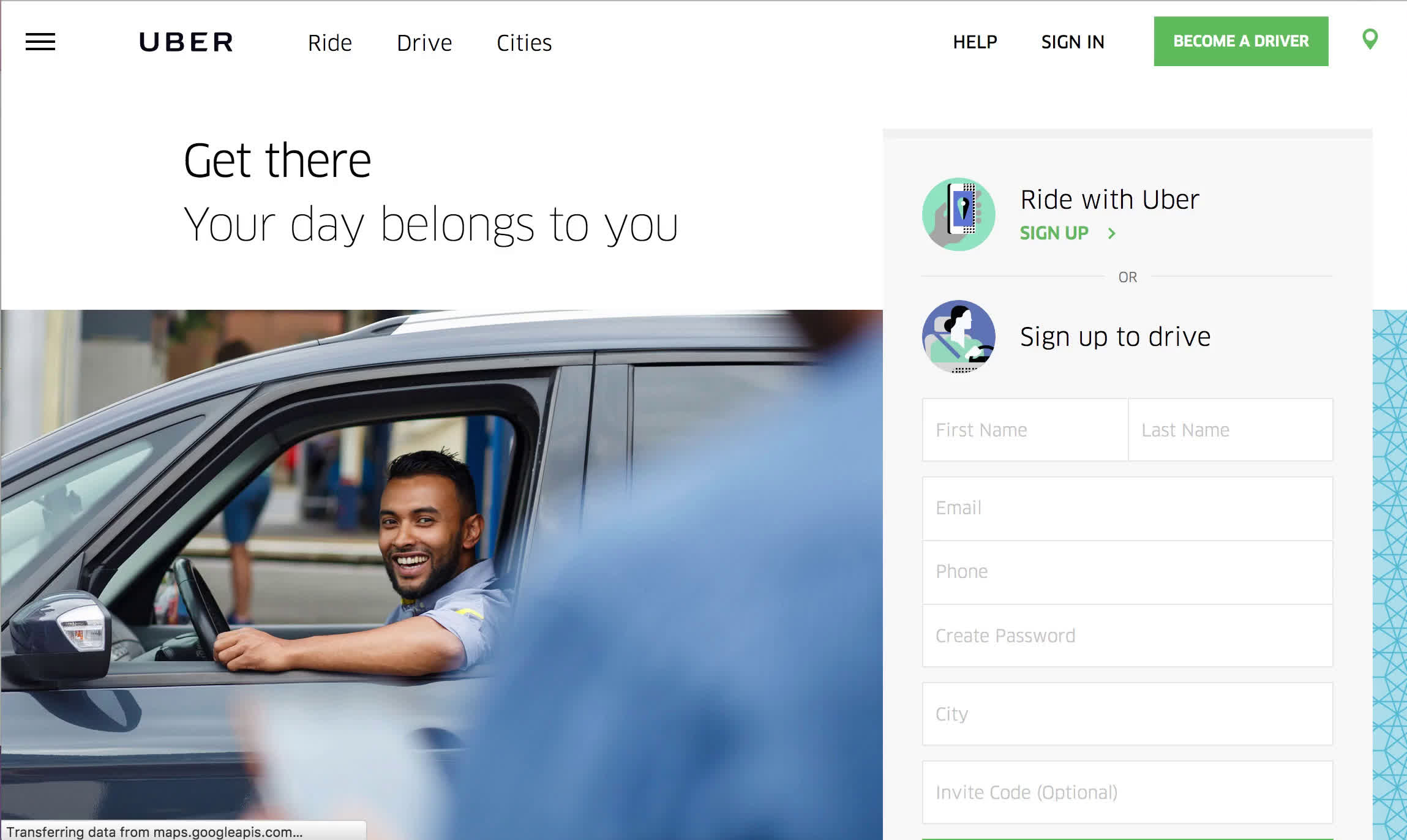 Screenshot of Driver signup on Uber