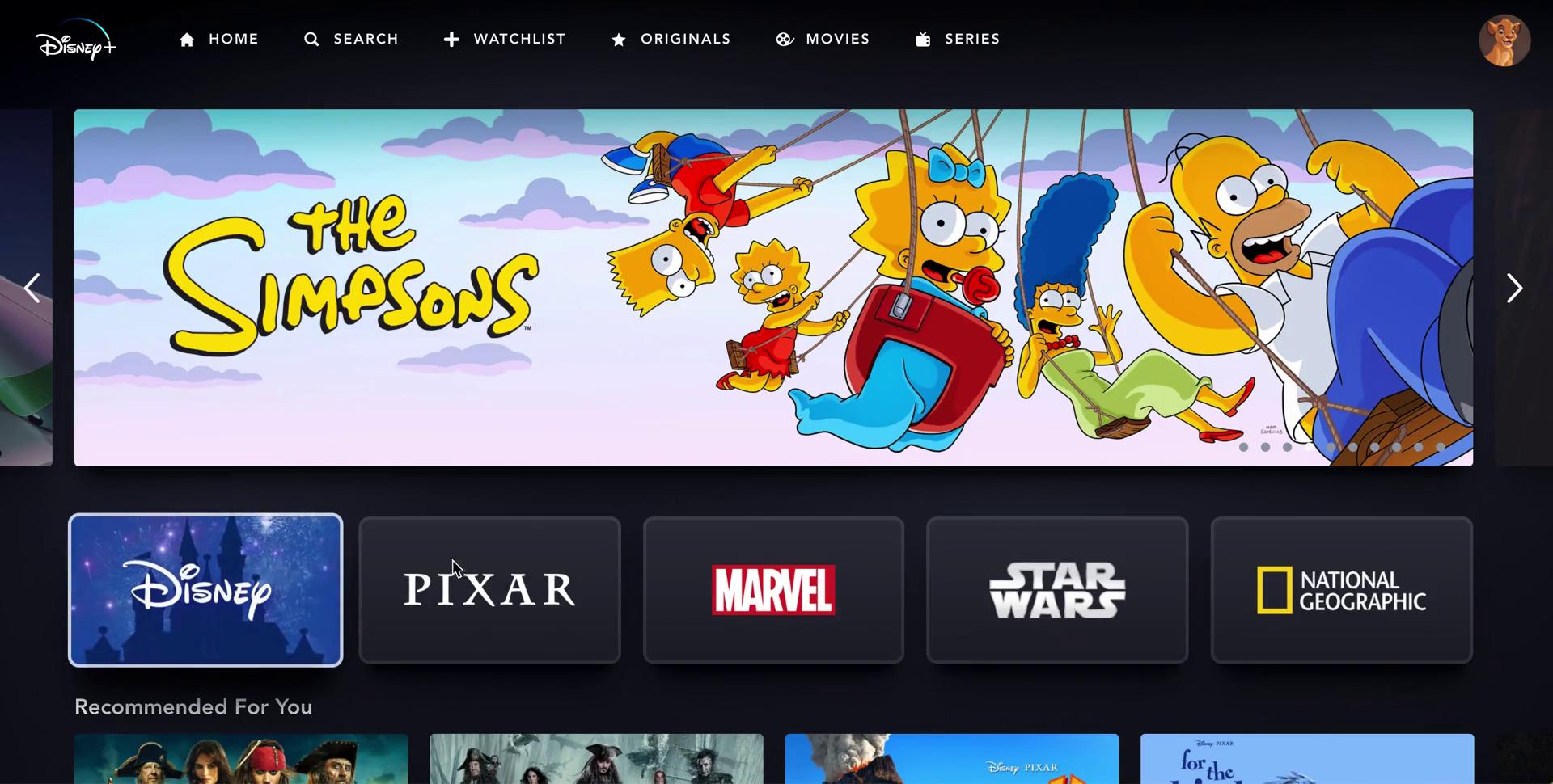 Screenshot of General browsing on Disney+