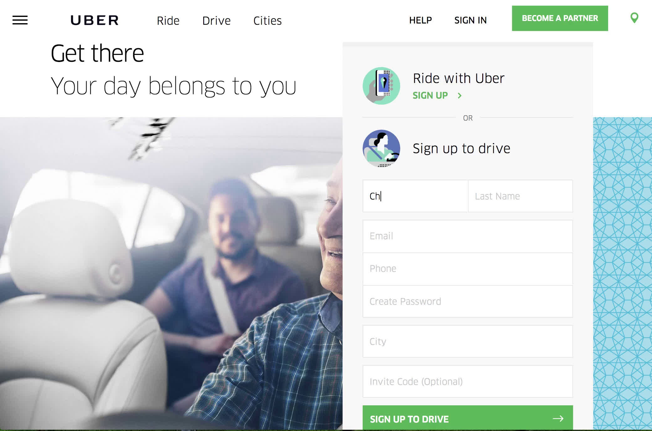 Screenshot of Driver signup on Uber