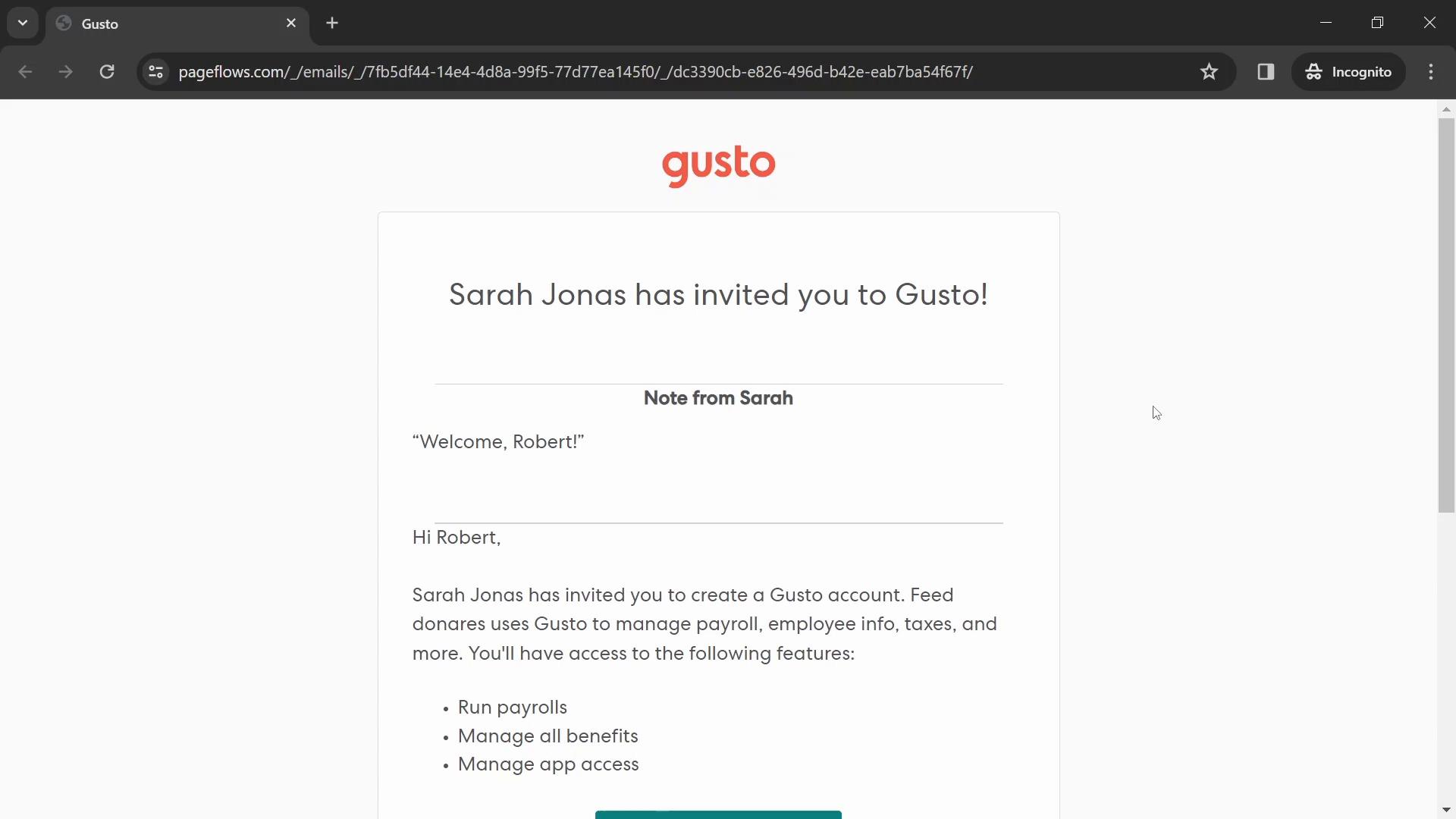 Screenshot of Accepting an invite on Gusto