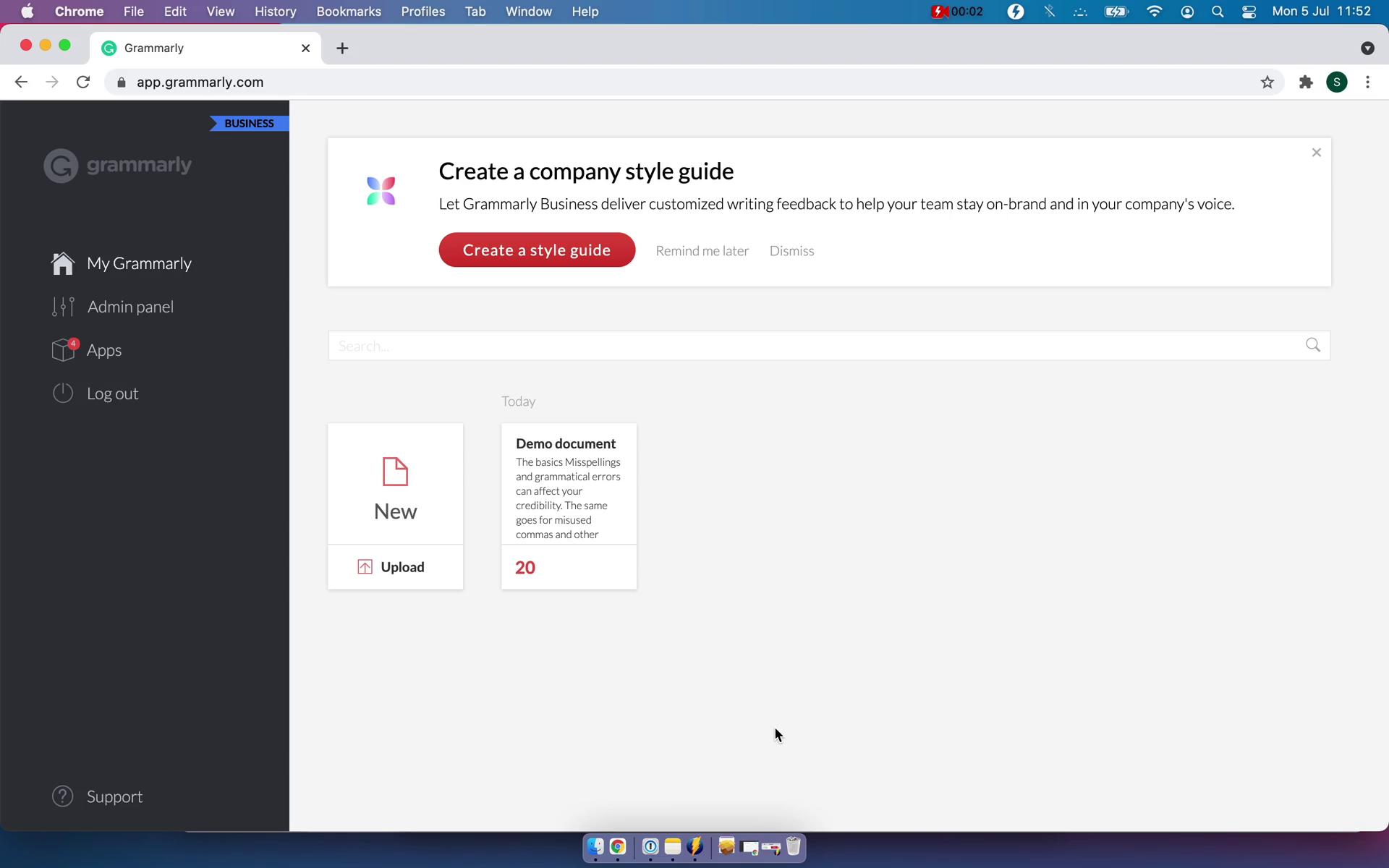 Screenshot of Creating a document on Grammarly