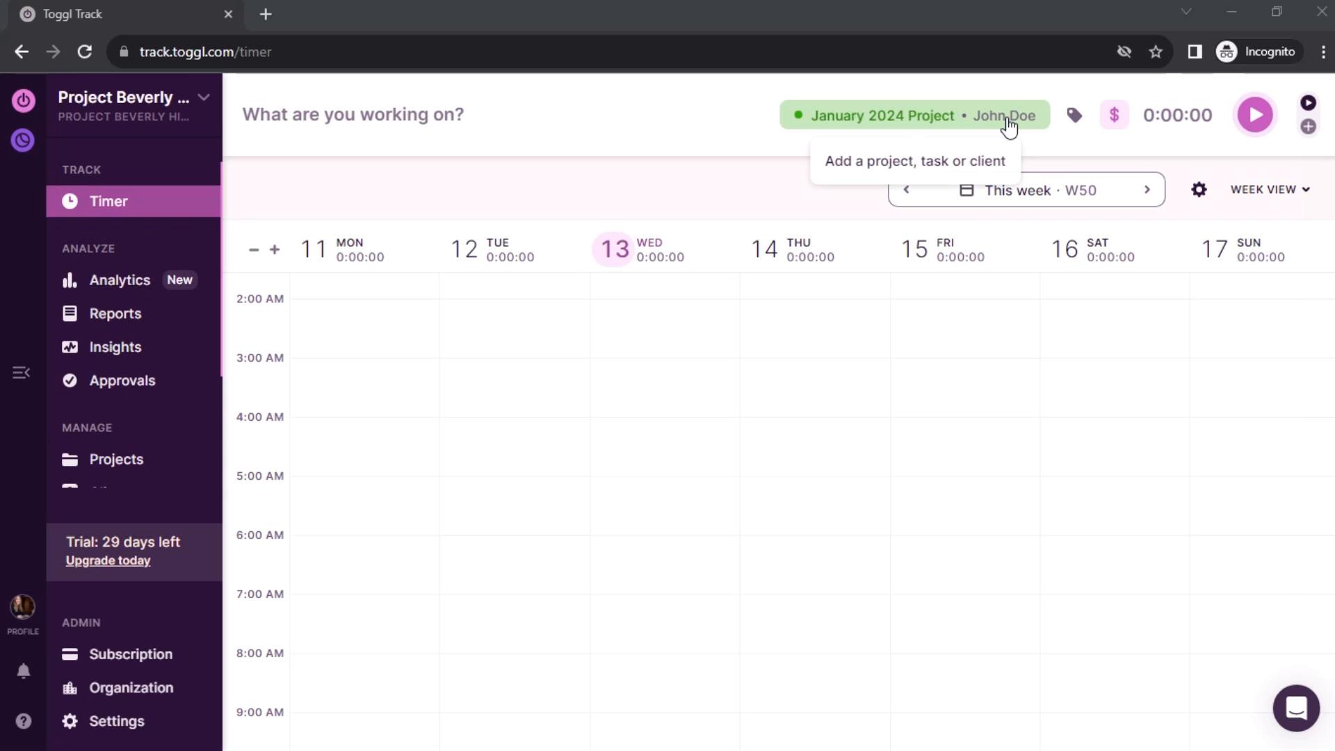 Screenshot of Time tracking on Toggl Track
