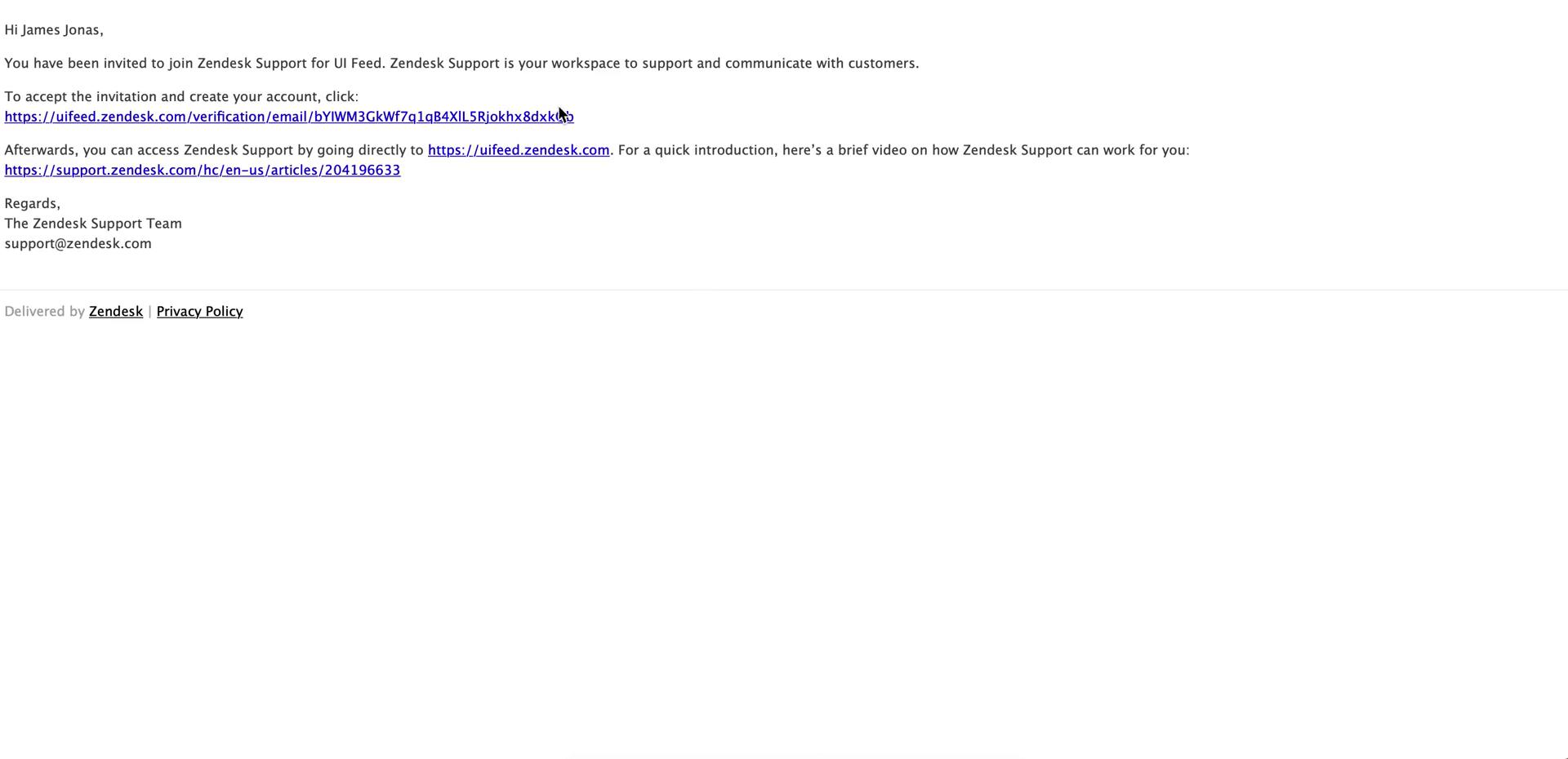 Screenshot of Accepting an invite on Zendesk