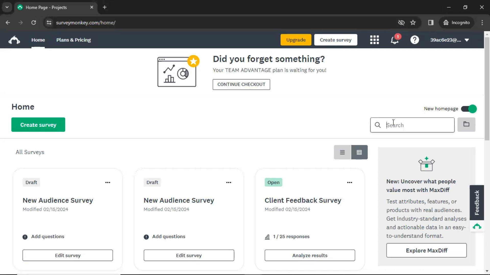 Screenshot of Searching on SurveyMonkey