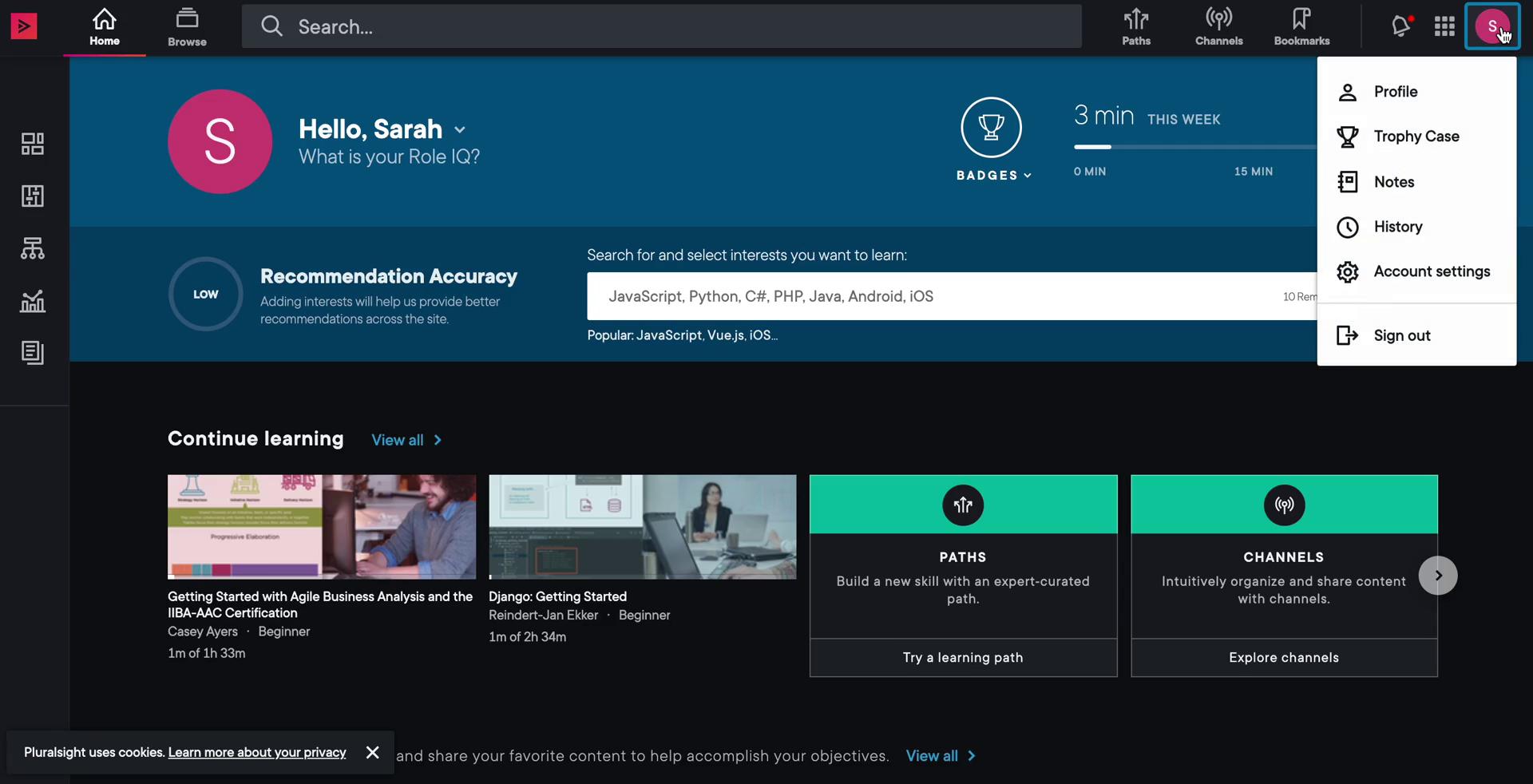 Cancelling your subscription on Pluralsight video screenshot