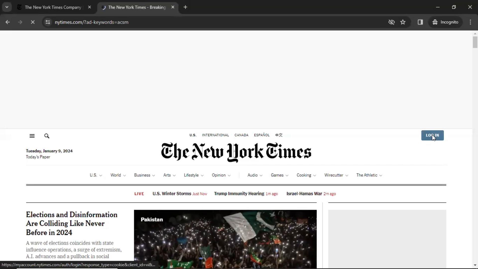 Screenshot of Logging in on The New York Times