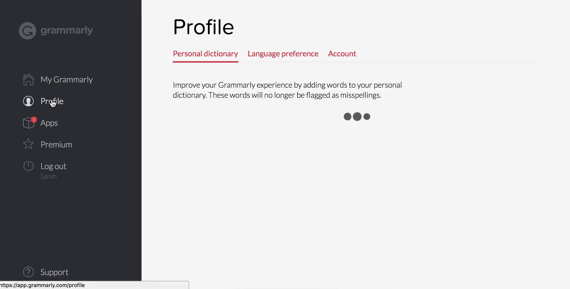 Screenshot of Settings on Grammarly