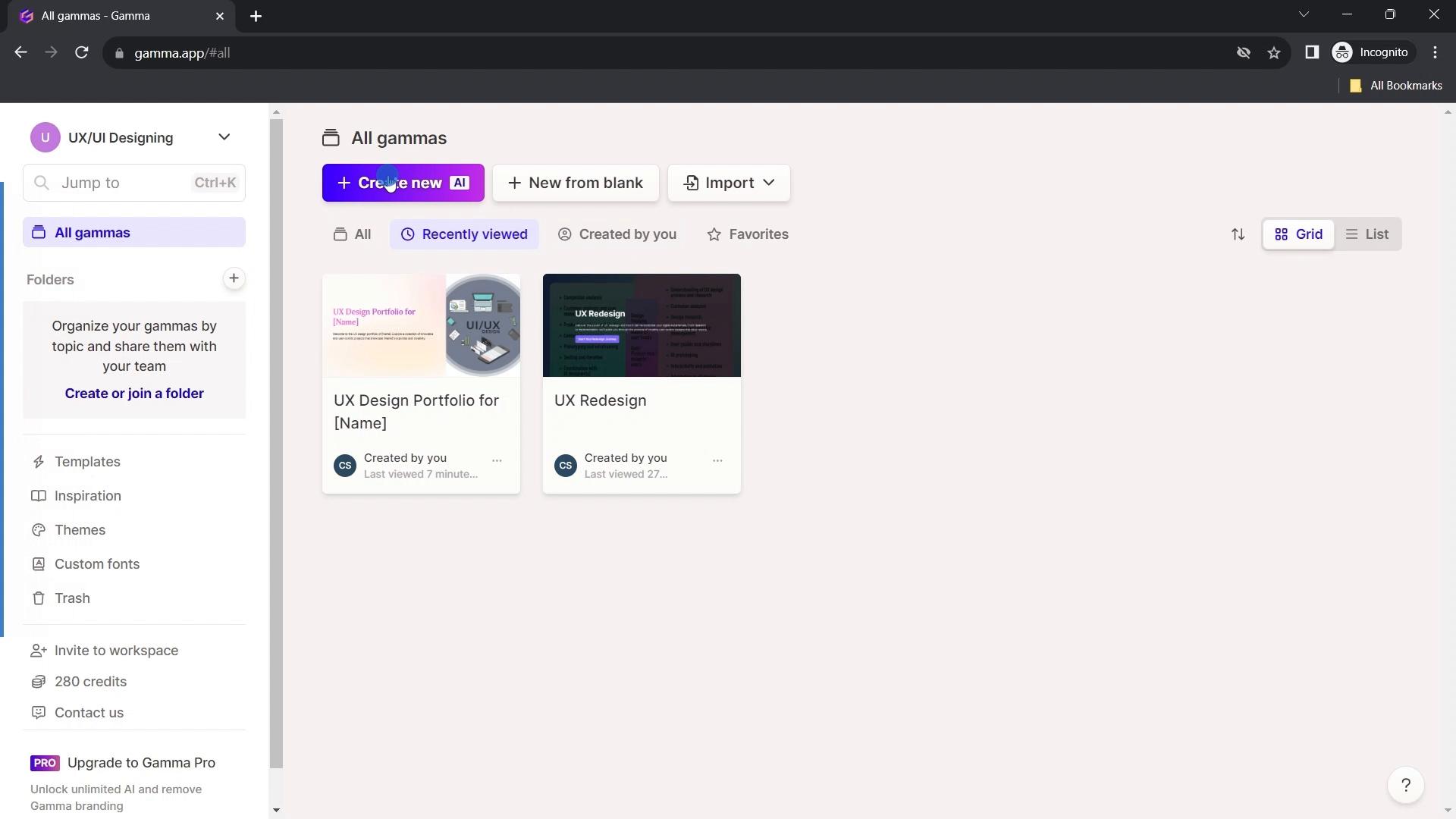 Screenshot of Creating new AI presentation on Gamma