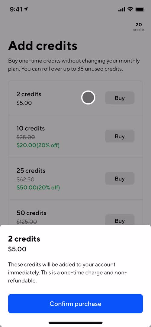 Screenshot of Confirm purchase on Topping up on ClassPass user flow