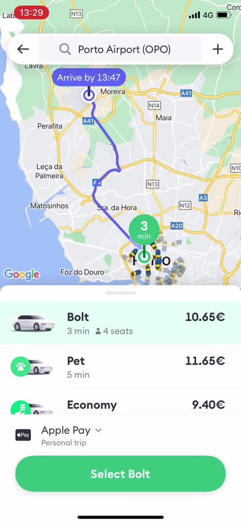 Screenshot of Select type on Booking transport on Bolt user flow