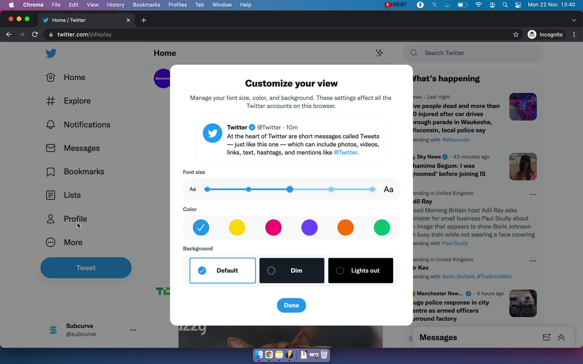 Screenshot of Customize appearance on Customization settings on Twitter user flow