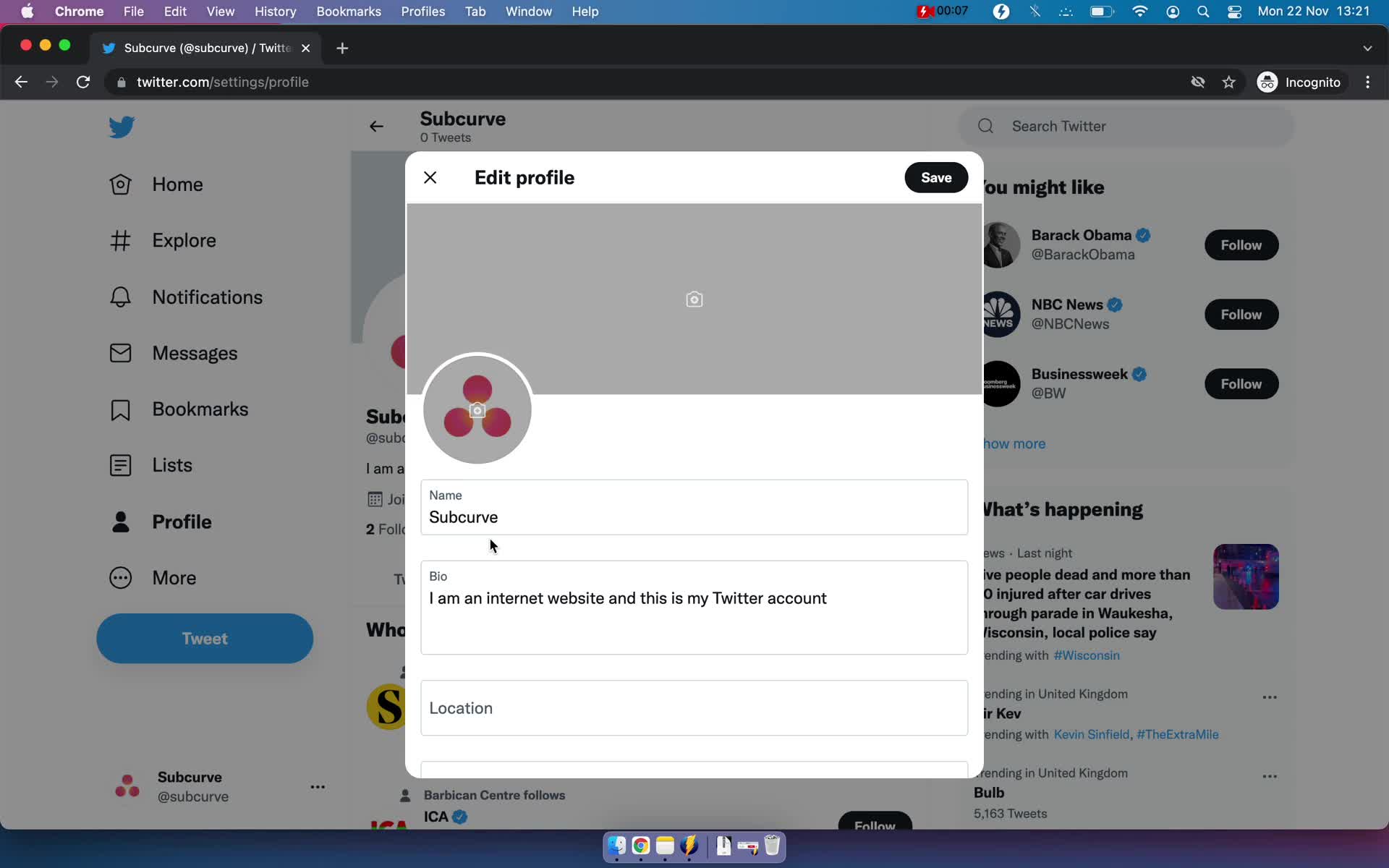 Screenshot of Edit profile on Updating your profile on Twitter user flow