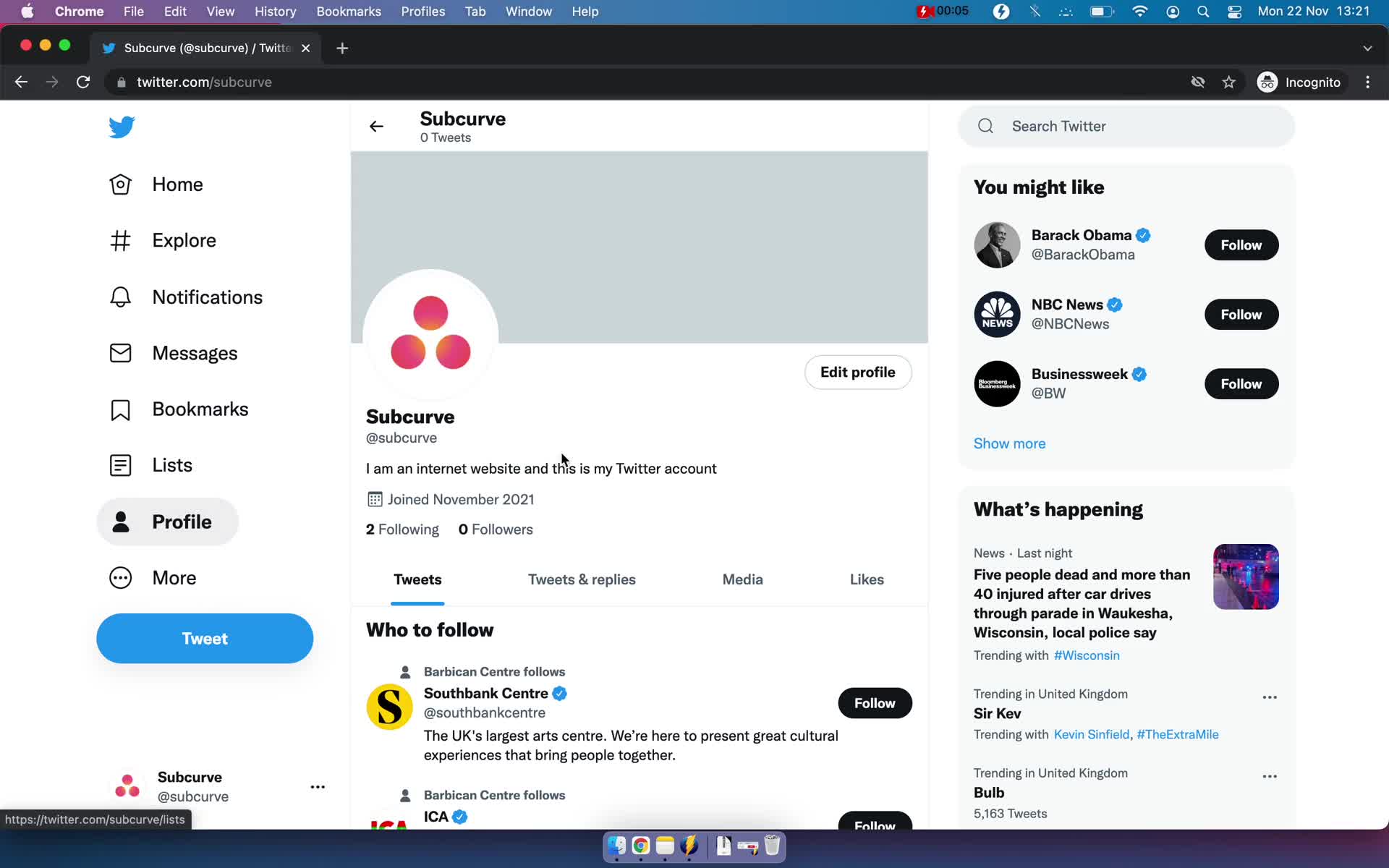 Screenshot of Profile on Updating your profile on Twitter user flow