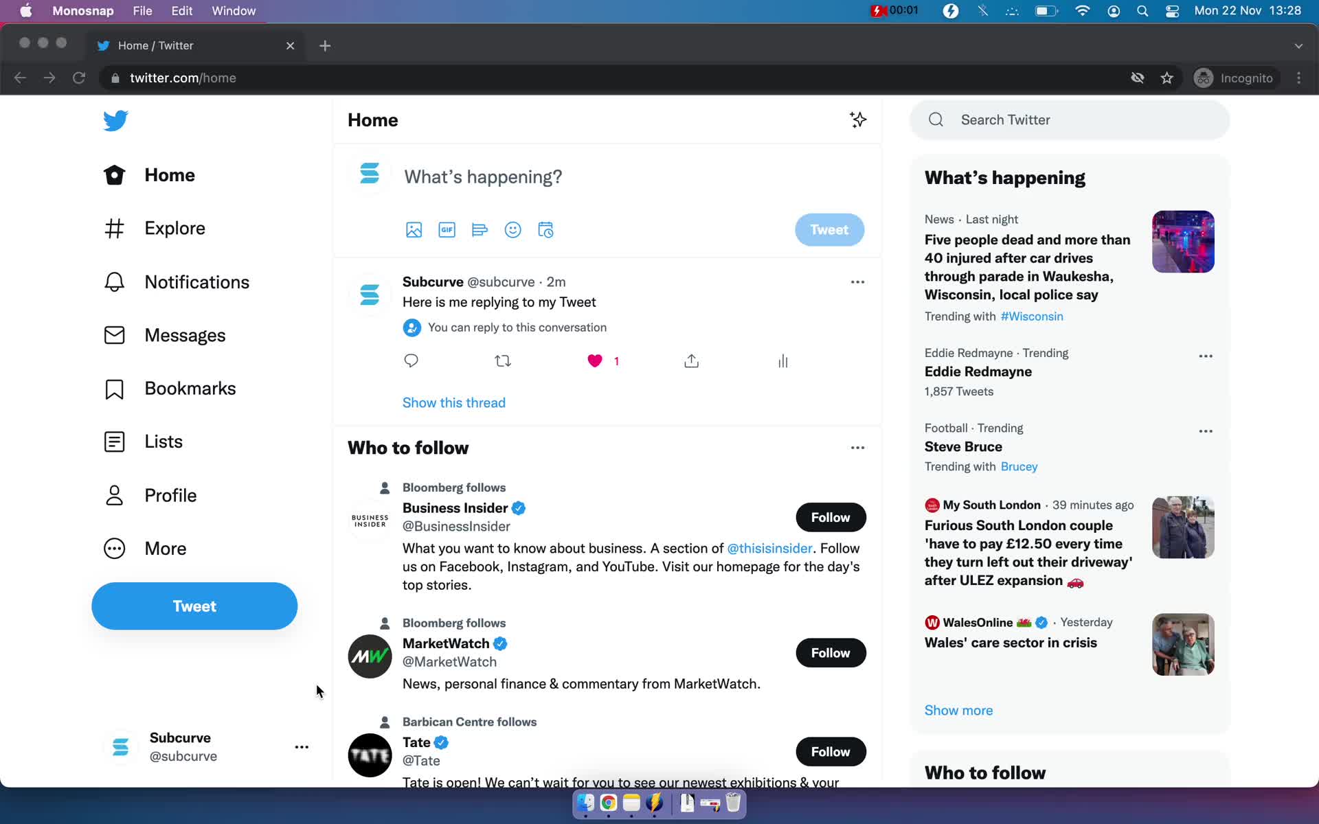 Screenshot of Home on Searching on Twitter user flow