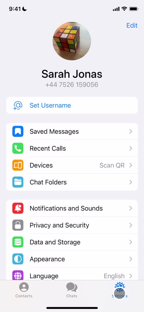 Screenshot of Settings on Updating your profile on Telegram user flow