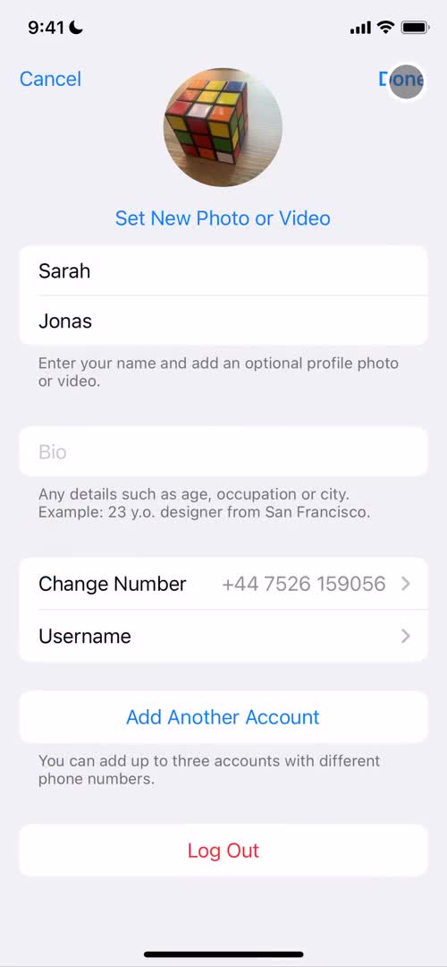 Screenshot of Edit profile on Updating your profile on Telegram user flow
