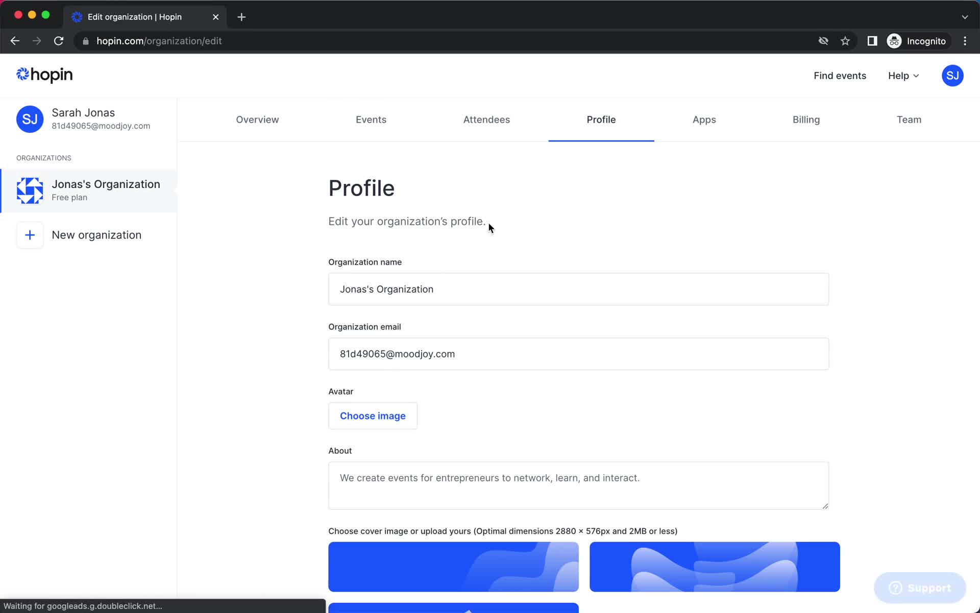 Screenshot of Company profile on Updating your profile on Hopin user flow