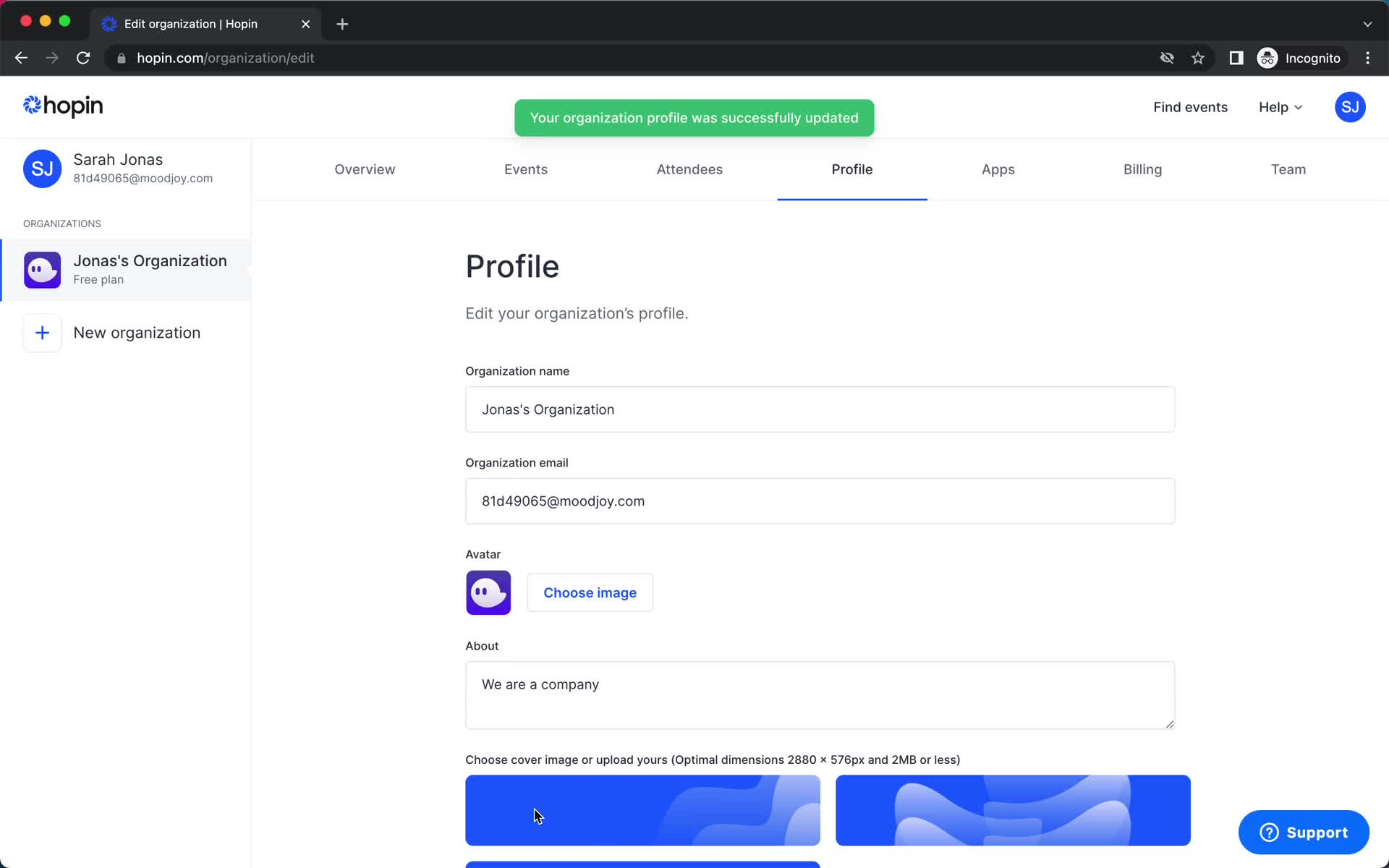 Screenshot of Changes saved on Updating your profile on Hopin user flow