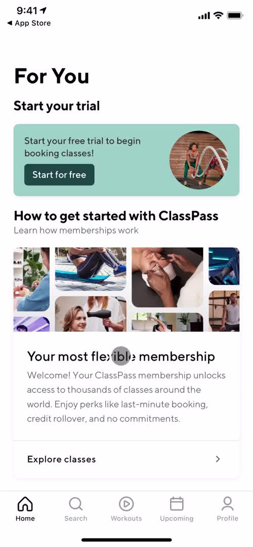 Screenshot of Home on Upgrading your account on ClassPass user flow
