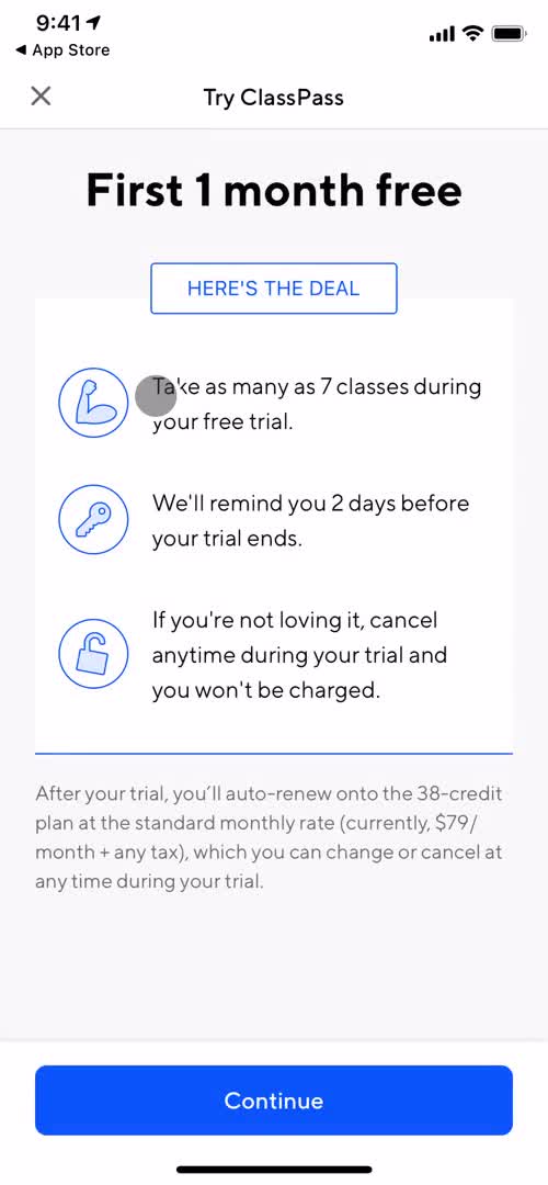 Screenshot of Start trial on Upgrading your account on ClassPass user flow