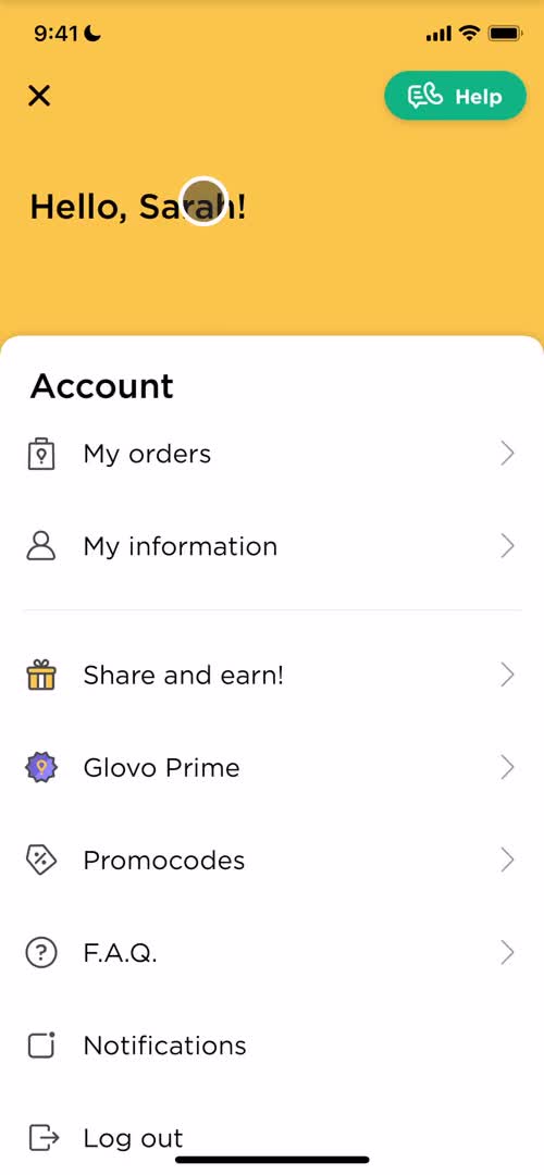 Screenshot of Account menu on Upgrading your account on Glovo user flow