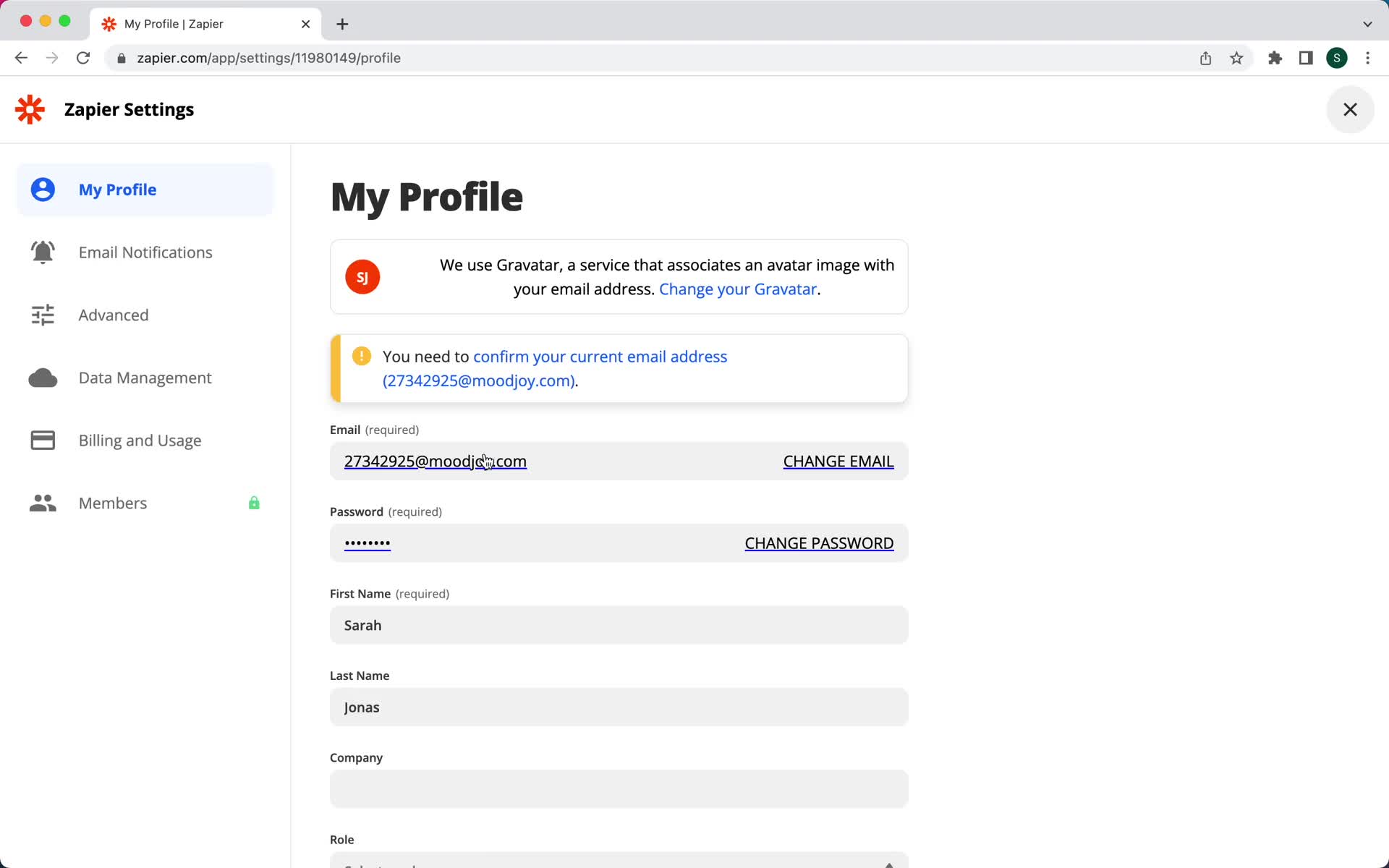 Screenshot of Settings on Upgrading your account on Zapier user flow