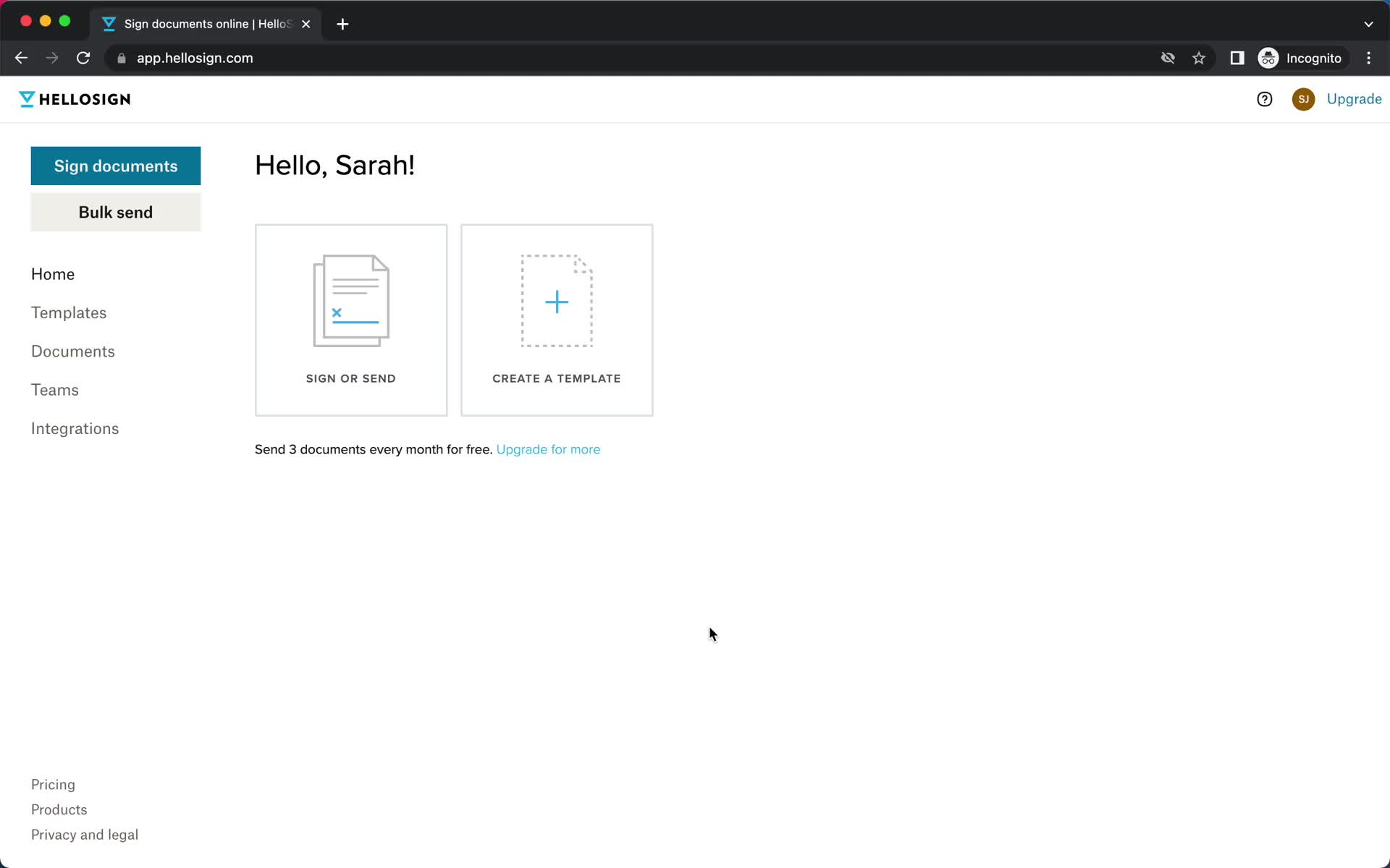 Screenshot of Home on Upgrading your account on HelloSign user flow