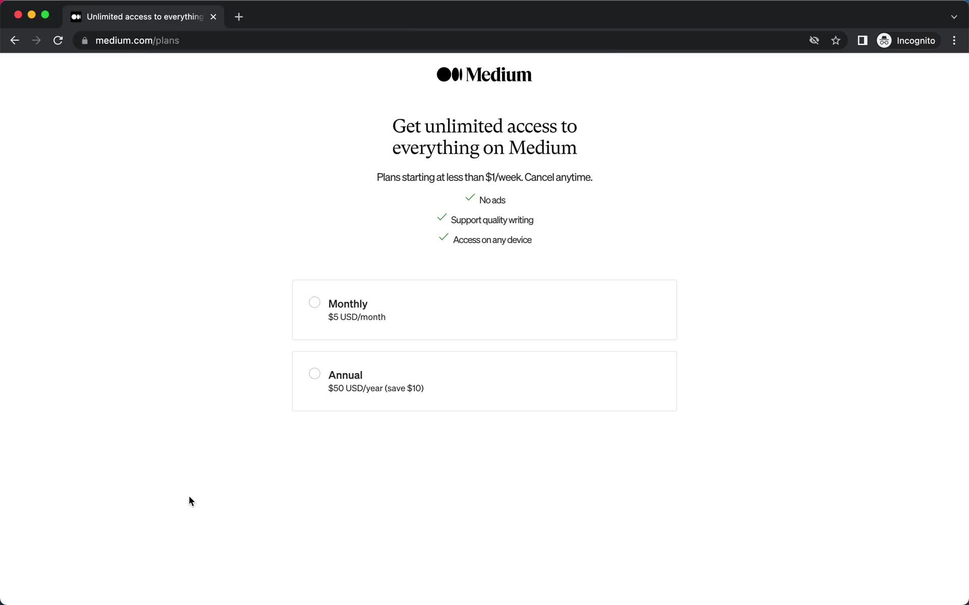 Screenshot of Select plan on Upgrading your account on Medium user flow