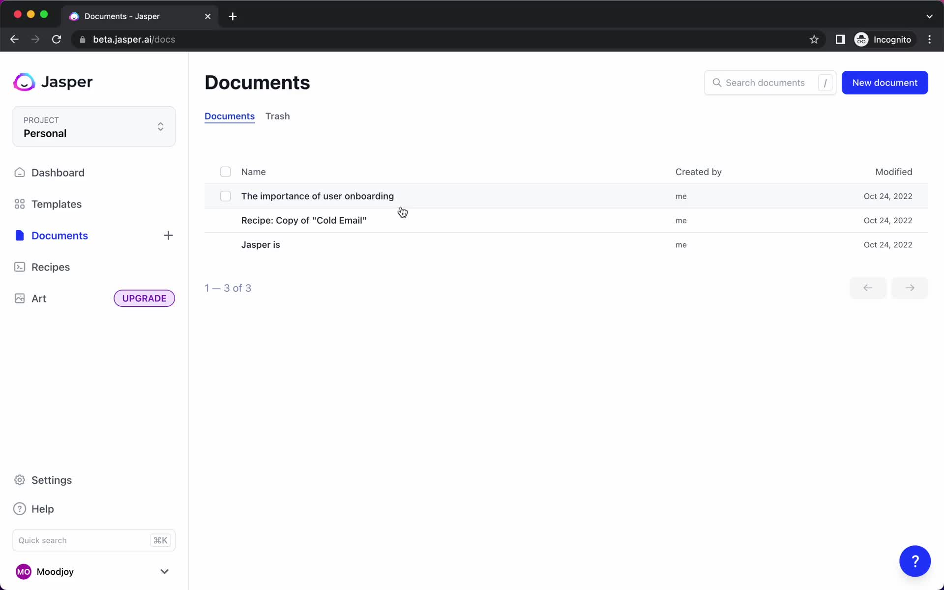 Screenshot of Documents on Version history on Jasper user flow