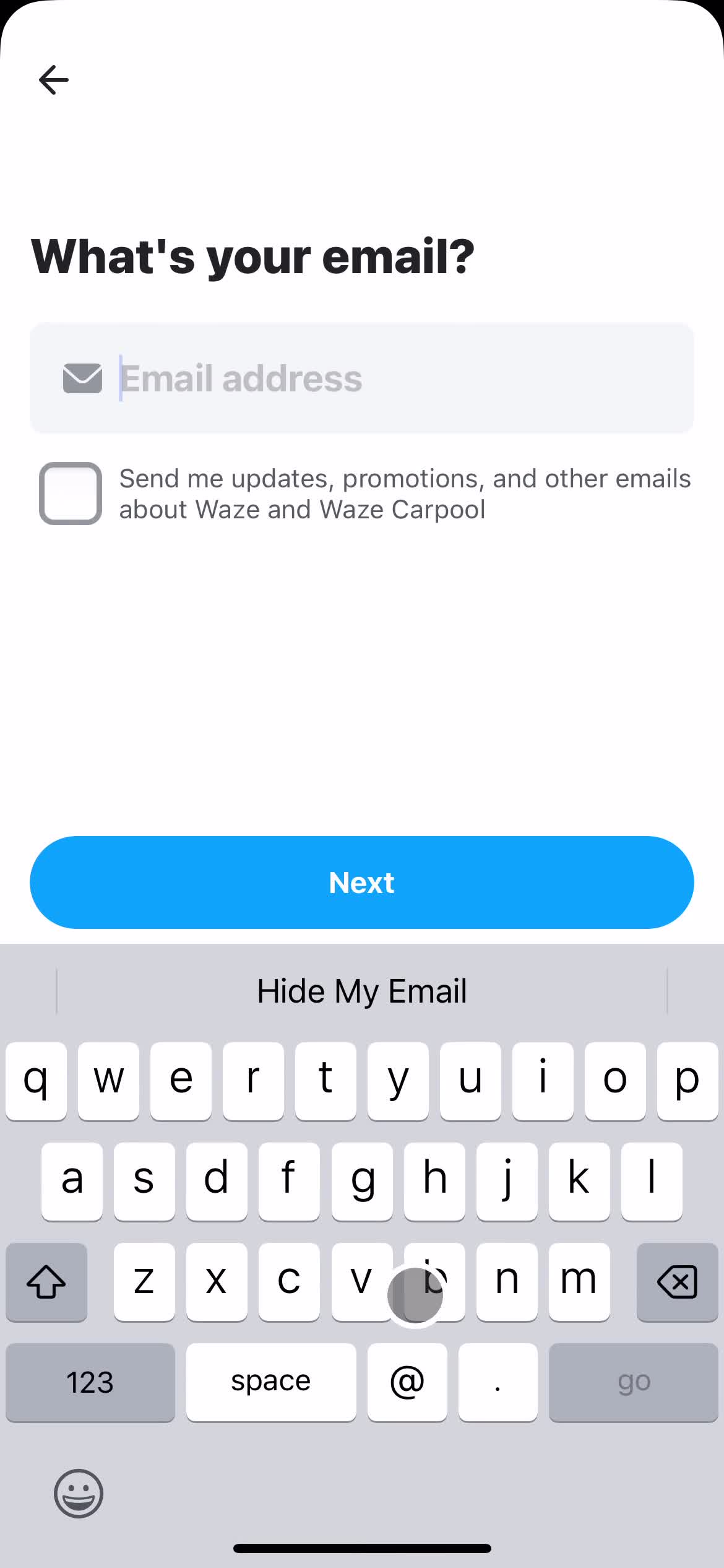 Waze enter email screenshot