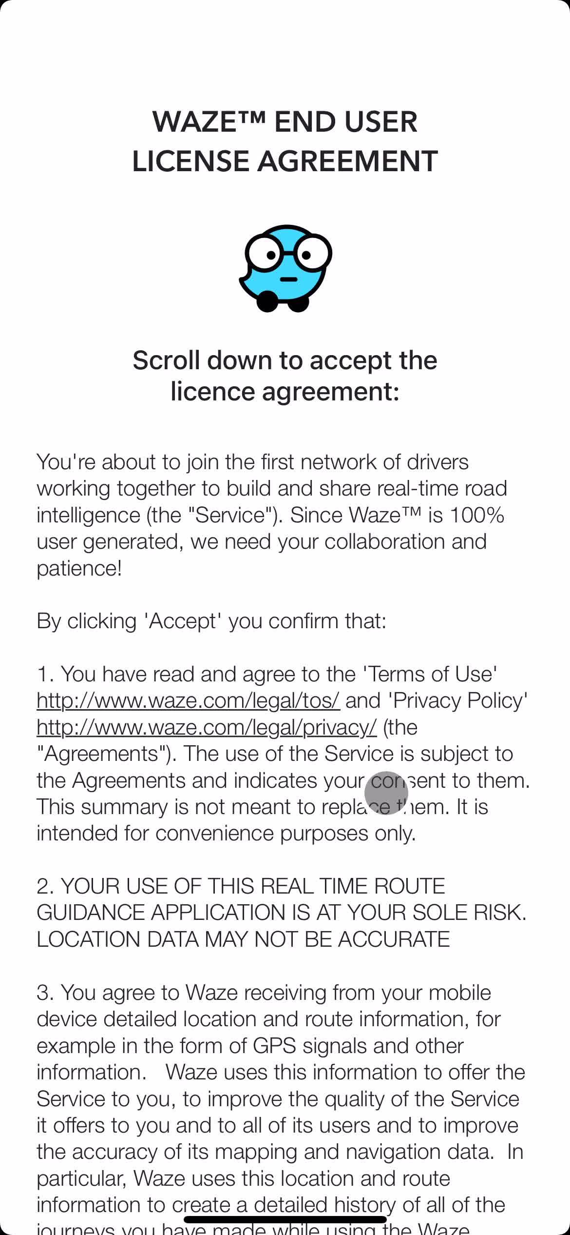 Waze agree to terms screenshot