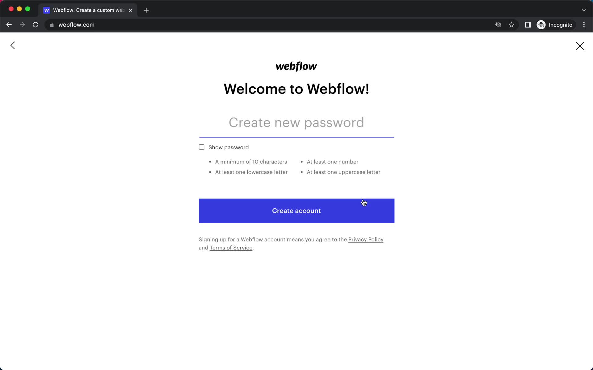 Webflow set password screenshot