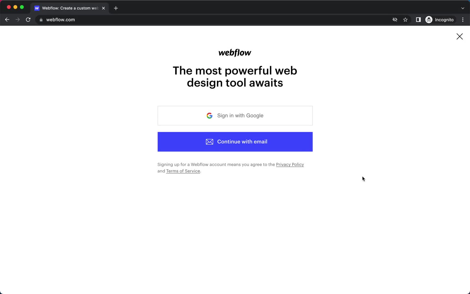 Webflow sign up screenshot