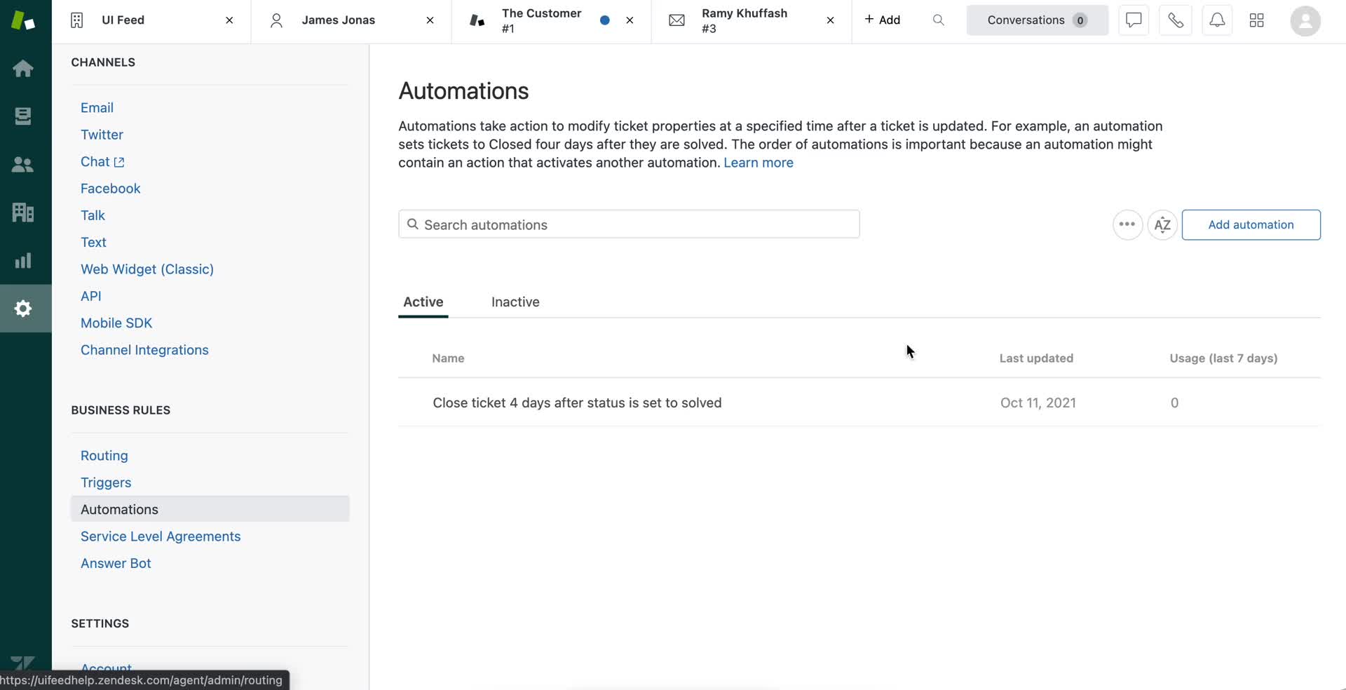 Screenshot of Automations on Creating an automation workflow on Zendesk user flow