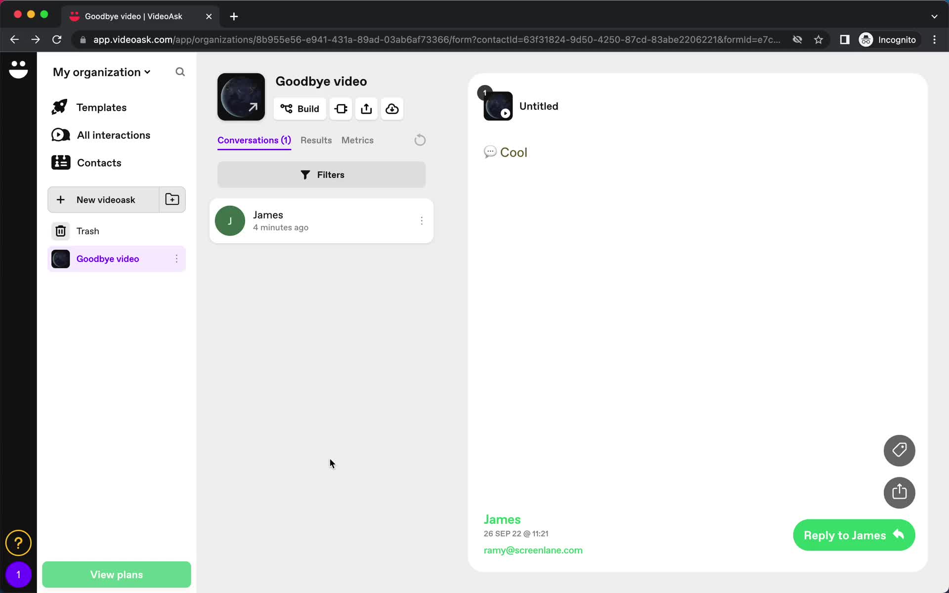 Screenshot of Conversation on Creating an automation workflow on VideoAsk user flow